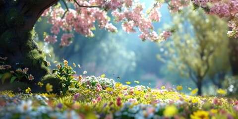 Blossoming spring garden with colorful flowers and butterflies. Nature background