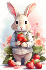 Cute bunny with delicious strawberries