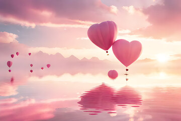 Obraz premium pink ethereal romantic cloudy landscape , valentines and love concept , heart shaped balloons