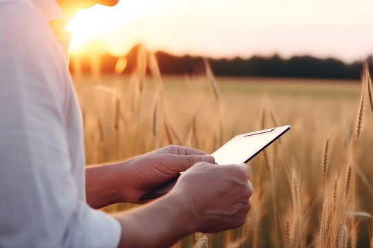 Farmer with a tablet computer in front of a sunset agricultural landscape. Neural network AI generated art