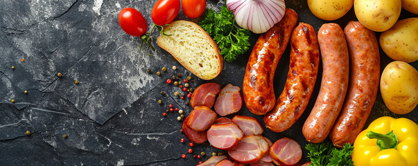 Fototapeta premium Dublin Coddle: Ingredients: Sausages, bacon, potatoes, onions, and sometimes barley