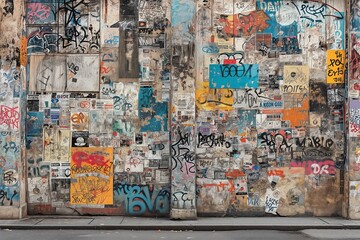 A vibrant street art mural for wallpaper, a collage of graffiti, bold lettering, and abstract shapes. Generative AI