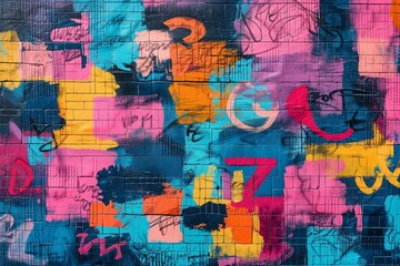 A vibrant street art mural for wallpaper, a collage of graffiti, bold lettering, and abstract shapes. Generative AI