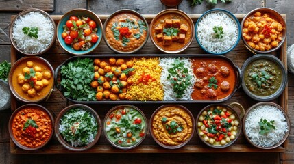 Group of Assorted Indian Food in wooden bowls, Indian food concept.