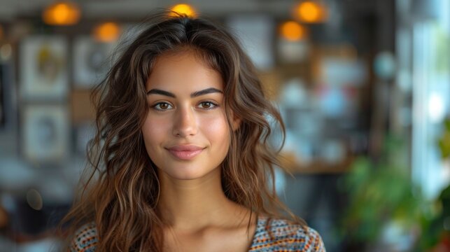 Portrait of a beautiful young indian woman with curly hair in a cafe - Powered by Adobe
