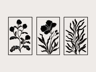 abstract floral nature wall poster set contemporary flower tree design, botanical elements retro vector artwork collection