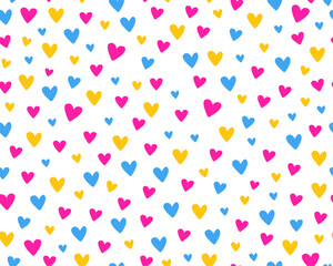 Seamless pattern with small hearts. Simple minimalistic pattern. Wrapping paper, design for Valentine's Day, Birthday. Pink, yellow, blue hearts on a white background.