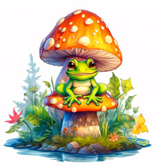 Cute frog sitting on a fly agaric