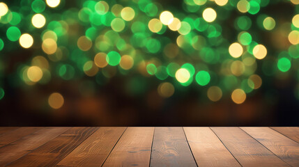 mpty wooden tabletop, against a blurred bar background with green bokeh lights, st. patrick's day - obrazy, fototapety, plakaty