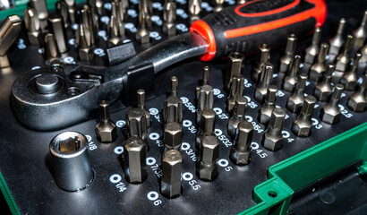 Screwdrivers for repair. Set of screwdriver bits. Metal bits for screwdrivers. Tool kit Bits and adapters for screwdrivers.