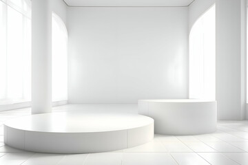 Fototapeta premium Abstract white 3D room with podium. Studio showroom pedestal. Minimal scene mockup for product display presentation.