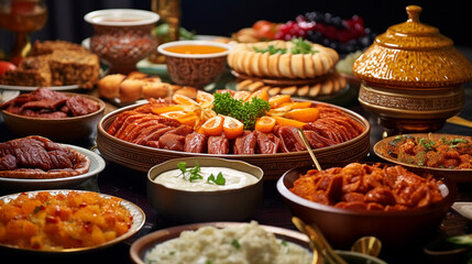 Close-up of variety of food during Iftar meal on Ramadan