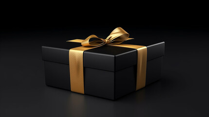 3d illustration black gift box with gold ribbon isolated on black background