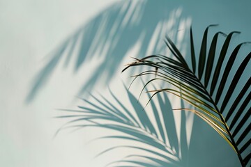 Tropical Elegance: Palm Shadow on Pale Blue Wall