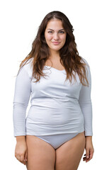 Beautiful plus size young overwight woman wearing white underwear over isolated background with a...