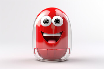 Cute character 3D image of front view of a capsule, half red, half glass transparency