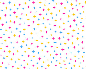 Seamless pattern with stars. Simple minimalistic pattern. Blue, pink and yellow stars on a white background. Design for wrapping paper, fabric.
