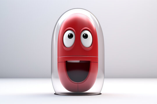 Cute character 3D image of front view of a capsule, half red, half glass transparency