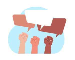 Raised up fists of people of different skin colors with speech bubbles. Community movement poster with copy space in box. Activist arms. Revolution cartoon flat isolated vector concept