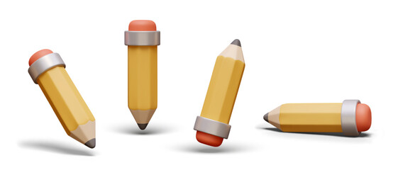 3D yellow pencil with eraser. Stationery symbol. Classic tool for writing and drawing