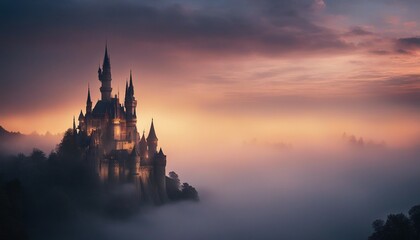 A Fairy-Tale Castle at Dawn, the first light of day reflecting off the towering spires