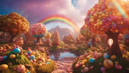 Schilderijen op glas A Whimsical Candy Land with Rivers of Chocolate and Candy Trees, colorful and inviting, with a rainbow © vanAmsen