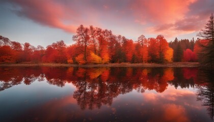 A Vibrant Autumn Forest Reflected in a Glass-Like Lake, the fiery reds and oranges of the foliage