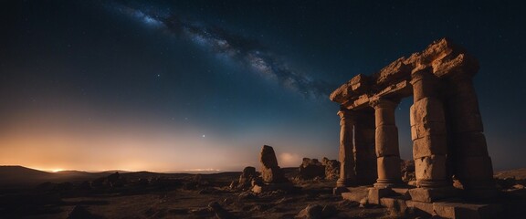 Fototapeta premium An Ancient Ruin Under a Celestial Event, like a lunar eclipse or a rare planetary alignment