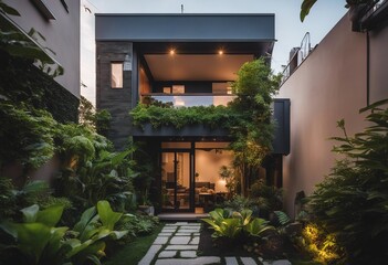 Compact Urban Home with Hidden Garden Terrace, the exterior's simplicity enhanced by the lush