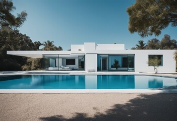 Crisp White Modernist Home with Bold Blue Pool, the reflection of the house in the water doubling
