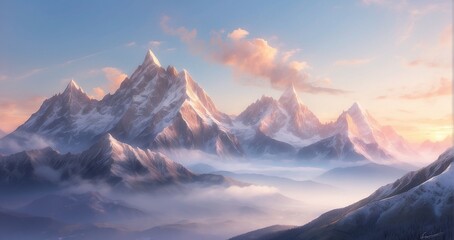 A scene of refined mountain peaks bathed in the gentle light of sunrise, evoking a sense of refined tranquility - Generative AI