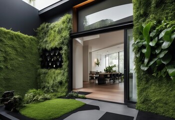 Fototapeta na wymiar Minimalist Home with Vertical Garden Wall, a living tapestry providing a contrast of textures