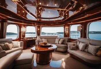Luxury Yacht Interior at Marina, polished mahogany interiors and soft lighting reflecting