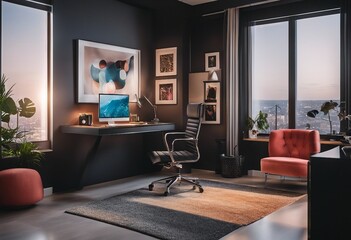 Modern Home Office with Glass Desk, a clutter-free surface with a sleek, modern chair and a bold