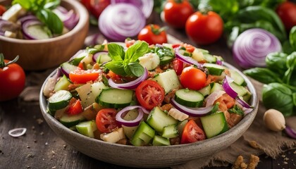 Panzanella Toscana, a traditional Tuscan bread salad with ripe tomatoes, cucumbers, red onion