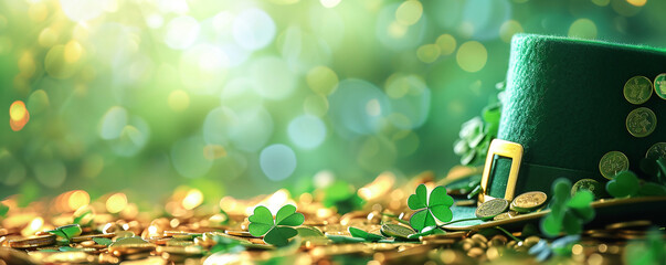 Banner with shiny green hat, gold coins and clover leaves. St. Patrick's Day concept - Powered by Adobe