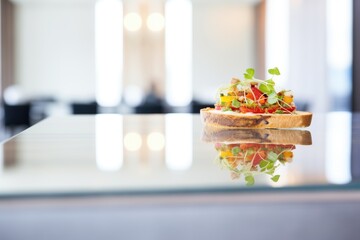 bruschetta on a glass table, reflection showing, airy space