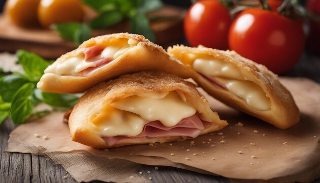 Panzerotti, fried dough pockets filled with mozzarella, tomato, and ham, golden and crispy