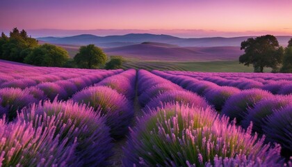 Obraz premium Rolling Hills of Lavender Under a Pastel Evening Sky, the rows creating a hypnotic pattern 