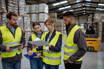 Warehouse workers reading product order, order picking. Warehouse manager checking delivery, stock in warehouse, inspecting products for shipment.