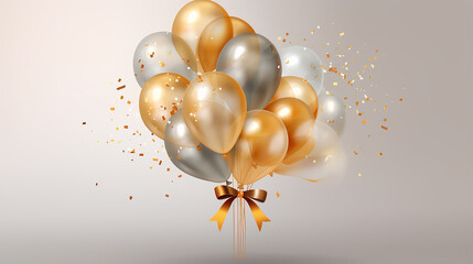 bouquet bunch of realistic transparent golden balloons on white background