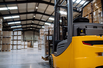 Back view of forklift in warehouse in the middle of stored goods.. Forklift driver preparing...