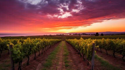 A picturesque vineyard with rows of grapevines under a pastel sunset sky