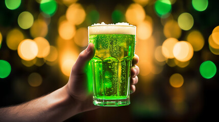 a man's hand holds a glass of green beer, on a blurred bokeh background, st. patrick's day - obrazy, fototapety, plakaty