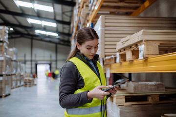 Female warehouse worker holding scanner, scanning the barcodes on products in warehouse. Warehouse...
