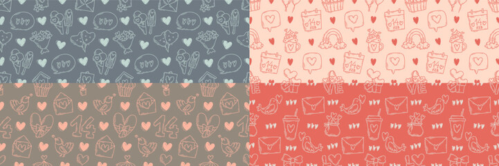 The love theme doodle style seamless pattern, Valentines Day hand-drawn color icons with a simple engraving retro effect. Romantic mood, cute symbols and elements backgrounds collection.