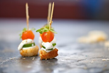 bite-sized caprese on a toothpick, close focus on the texture
