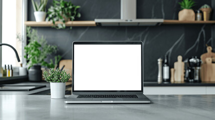 Laptop with blank display on a modern kitchen counter. Mockup image.