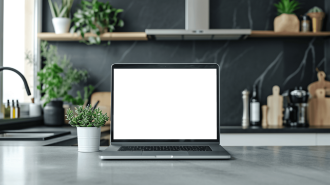 Laptop with blank display on a modern kitchen counter. Mockup image.