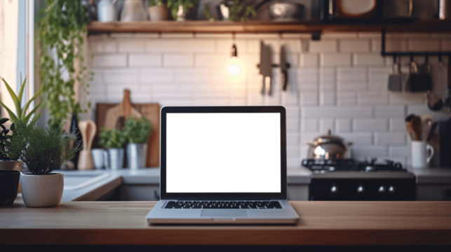 Laptop with blank display on a kitchen counter. Mockup image.